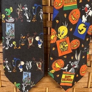 2 Vintage Looney Tunes Neckties Martian Sylvester Porky Pig Halloween Tie 90s
